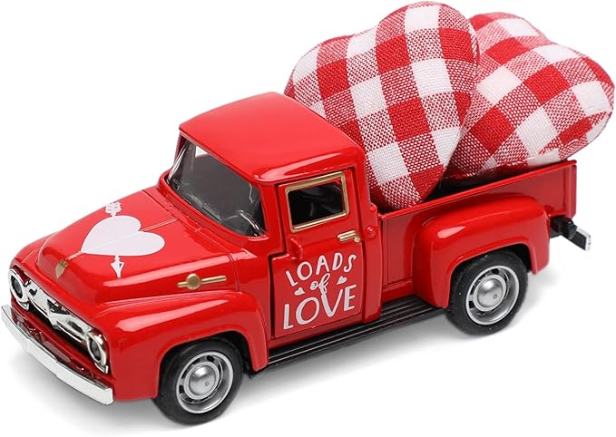 Valentine's Day Metal Farm Truck Tiered Tray Decor, Fall Farmhouse Vintage Diecast Truck Decor Model with Heart for Home Décor 4.8inch (Red)