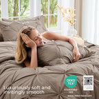 Sasttie California King Comforter Set, 7-Piece Bed in a Bag, Pintuck Bedding Sets for All Season, Includes Comforter, Flat Sheet, Fitted Sheet, Pillowcases and Pillowshams, Dark Linen