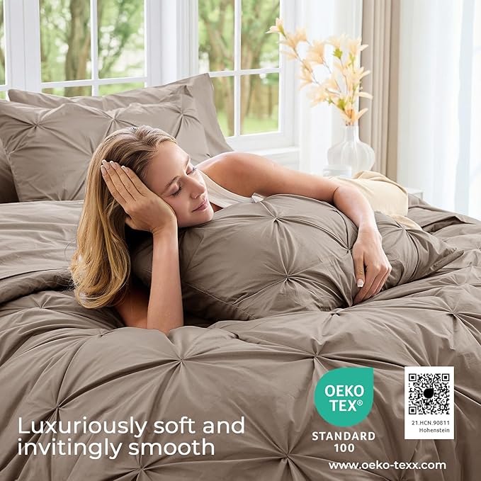 Sasttie California King Comforter Set, 7-Piece Bed in a Bag, Pintuck Bedding Sets for All Season, Includes Comforter, Flat Sheet, Fitted Sheet, Pillowcases and Pillowshams, Dark Linen