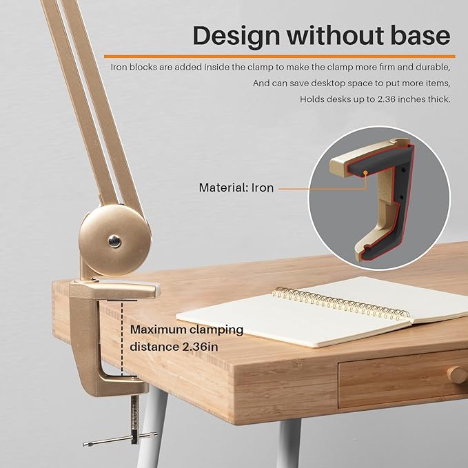 LED Desk Lamp with Clamp, Dimming Task Lamp for Reading Desktop Office Workbench Table Architect Sewing Study Home Craft, 117PCS LEDs, 2200 Lumens 20 Inch Metal Swivel Arm Work Lamp (Gold)