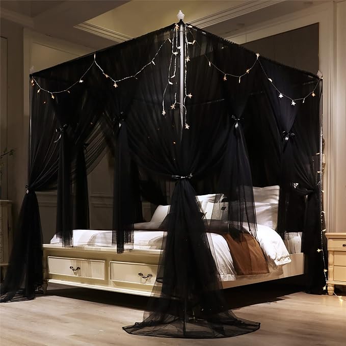 VETHIN 4 Corners Post Princess Bed Canopy Curtain Double Layer Cozy Drape Netting 4 Opening Mosquito Net for Girls & Adults Bedroom Decoration Accessories (Double Black, 59" W*82" L*82"*H/(Queen))