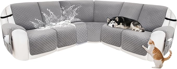 Reclining Sectional Couch Covers 100% Waterproof Velvet L Shape Recliner Couch Covers for Dogs Washable Anti Slip Recliner Slipcovers with Pockets (5 Seat Sofa with 1 Console, Silver Gray)