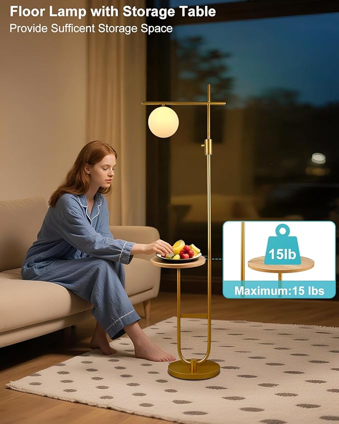 Lightdot 66IN Gold Dimmable Floor Lamps with Table, Modern Standing Tall Lamp with Globe Lampshade, Cross-Shaped Lamp Head U-Pole Base for Living Room/Bedroom/Sofa Beside/Corner Decor(Bulb Included)