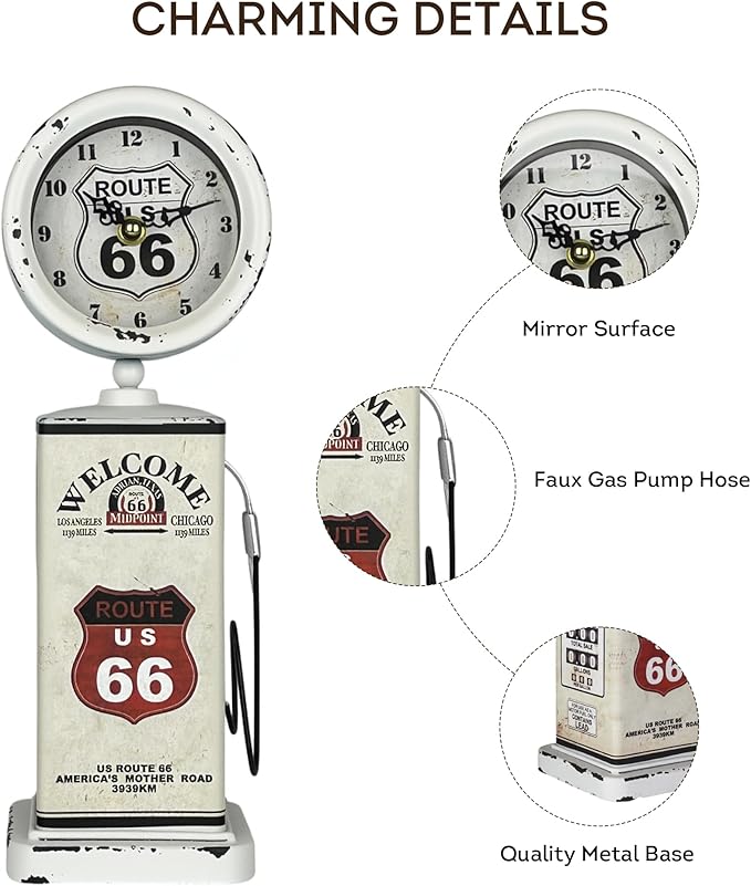Lily's Home Old Fashioned Route 66 Gas Pump Mantle Clock, Silent-Non-Ticking with Quartz Movement, Makes an Ideal Gift for Antique Sign Collectors, White (13 1/2" x 4 3/4")