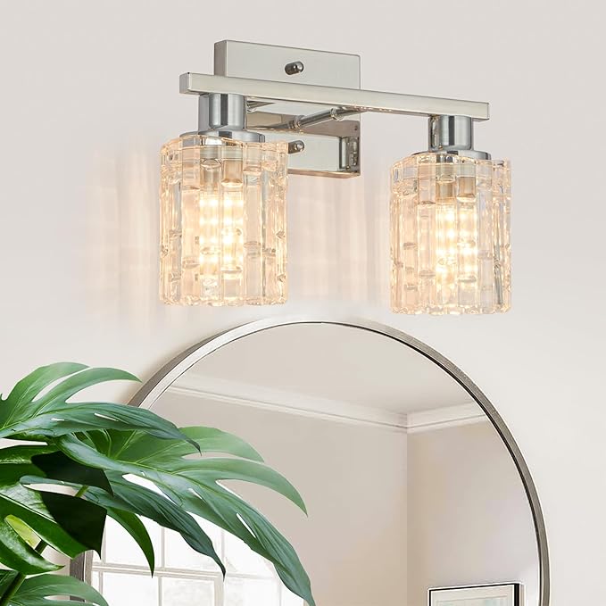 2 Light Silver Chrome Bathroom Vanity Light Over Mirror, Modern Vanity Lighting with Crystal Glass Shade, Wall Mount Bathroom Light Fixtures, E26 Base