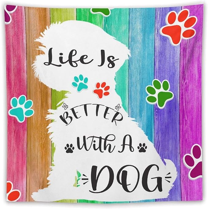 VUMIVI Cute Dog Tapestry Rainbow Color Planks Rustic Farmhouse Home Decor Pet Paws Tapestry Wall Hanging for Living Room Bedroom Dorm Classroom Aesthetic Decor W60xL60in