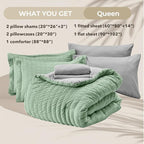 HYMOKEGE Sage Green/Light Grey Queen Comforter Set Seersucker 7 Pieces, All Season Luxury Bed in a Bag Queen for Bedroom, Bedding Set with Comforter, Sheets, Pillowcases & Shams