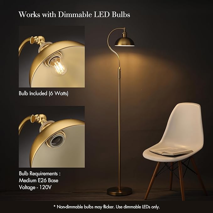 O’Bright Heritage - Banker’s Floor Lamp, 3-Level Touch Dimming, Adjustable Tilt Shade, Removable Lampshade Design, E26 Socket with 6W Dimmable LED Bulb, Gold Metal Shade, Antique Brass