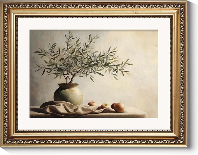 ARPEOTCY Vintage Gold Framed Wall Art Decor, 11x14 Inch Farmhouse Olive Tree & Apple Print Artwork, Still Life Wall Art Home Decor, BotanicalPainting for Kitchen Living Room Office