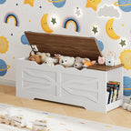 HOOBRO Storage Bench, 47.2'' Toy Box with Safety Hinges, Farmhouse Storage Chest with Side Storage Cubby, for Entryway, Bedroom, Living Room, White and Walnut WH96CW01