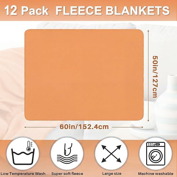 Newwiee 12 Pcs Fleece Throw Blankets Bulk 50'' x 60'' Oeko-tex Standard 100 Certified Spring Outdoor Wedding Guest Blankets Lightweight for Sleepover Donation Lap Pet Sofa Home (Orange)