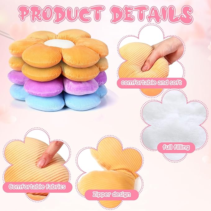Reginary 4 Pcs Flower Floor Pillows Cute Plush Flower Throw Pillows Daisy Floor Seat Cushion Chair Pads for Back to School First Day of School for Sofa Couch Bed Decor(15 Inch,Bright Color)