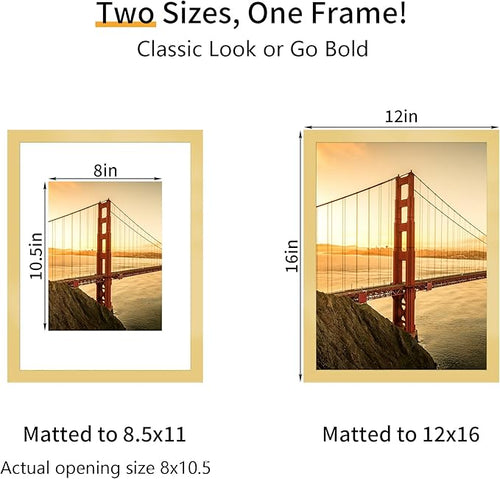 12x16 Picture Frame 3 Pack - Gold Poster Frame Display Pictures 8.5x11 with Mat or 12 x 16 Without Mat for Wall Hanging Horizontal and Vertical