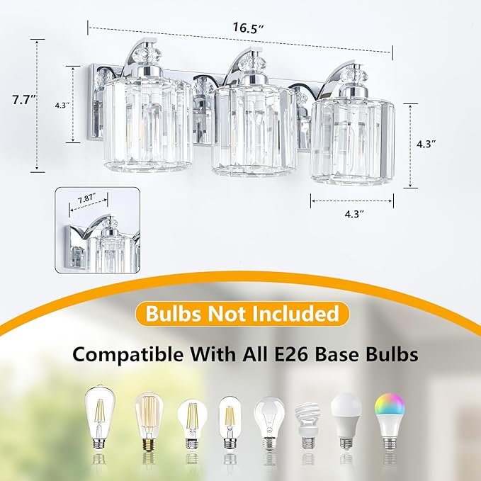 3-Light Modern Bathroom Light Fixture Chrome Vanity Lights Over Mirror Wall Sconce Lighting with K9 Crystal Shades Bathroom Wall Lamp E26 Base for Bedroom, Living Room, Hallway, Cabinet