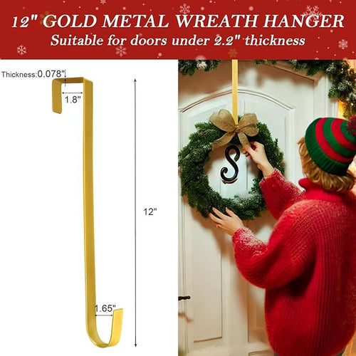 12" Metal Wreath Hanger for Front Door Non-Scratch, 2 Pack Gold Wreath Hanger Heavy Duty, Over-the-Door Hooks for Hanging Welcome Sign, Wreath Holder for Easter, Halloween, Fall, Christmas Decorations
