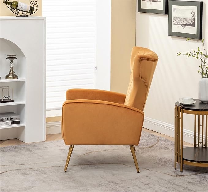 Modern Velvet Accent Chair, Channel Tufted Bedroom, Office or Living Room Furniture with Elegant Metal Legs, 26" Wide Armchair, Mustard Yellow