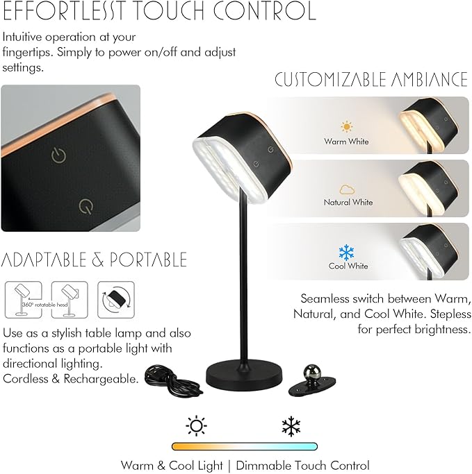 2 Pack Dual-Tone Rechargeable Cordless Desk Lamp – Black Portable Table Light, Type-C Charging Table lamp, Touch Control, 3 Color Temps, Stepless Dimming for Reading Study Bedside