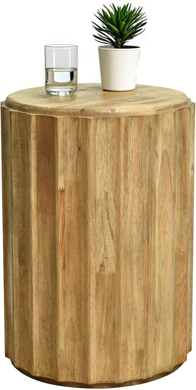 Fully Assembled Round Side Table with Gold Geometric Design & Wave Pattern, Solid Wood End Table Nightstand for Living Room, Bedroom, Office, 18 Inch (Wavy Natural Wood)