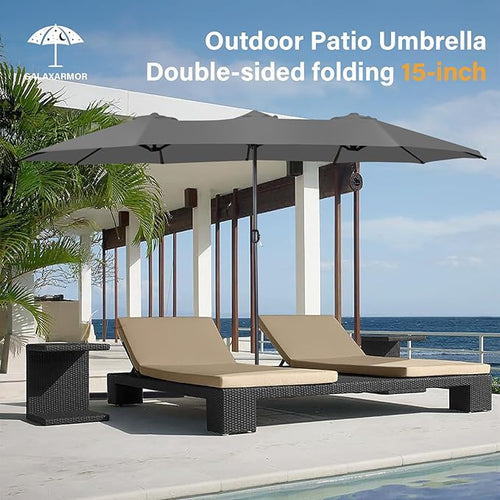 15ft Large Patio Umbrellas with Base Included, Outdoor Double-Sided Rectangle Market Umbrella with Stand, Outside Umbrellas for Poolside Lawn Backyard
