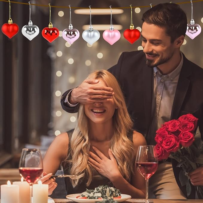 CCINEE 36pcs Valentine's Day Heart Shaped Ornaments, Red Pink Silver Plastic Heart Shaped Baubles Romantic Valentine's Day Hanging Decorations for Home Valentine Tree Wedding Anniversary Party