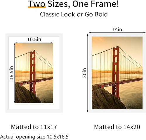 14x20 Picture Frame 3 Pack - White Poster Frame Display Pictures 11x17 with Mat or 14 x 20 Without Mat for Wall Hanging Horizontal and Vertical