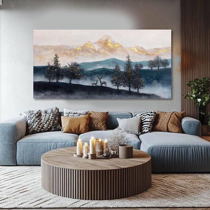 GAIDUOMAI Nature Wall Decorations For Living Room Navy Blue Mountain Tree Panting Gold Foil Artwork Modern Wall Prints for Dining Room Office 29"x58"