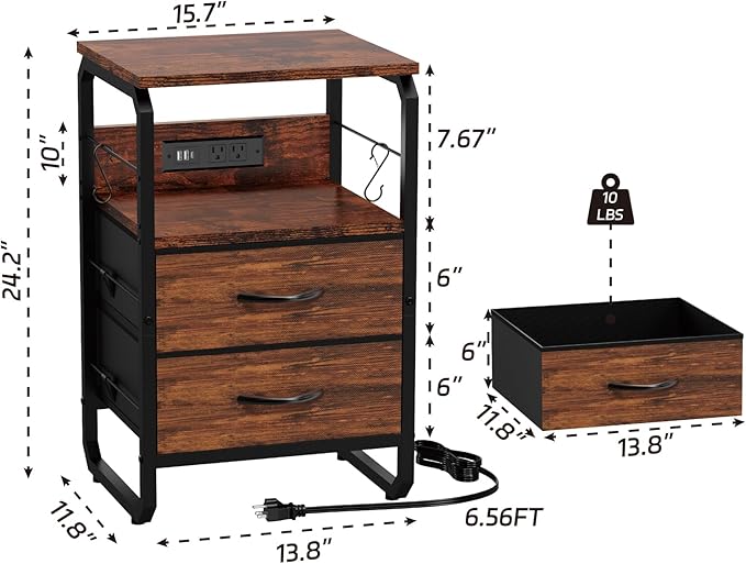 LED Nightstand, Bed Side Table with Storage, End Table with Drawers & Hooks, Bedside Table with Charging Station, AC Outlets, USB C Ports, Rustic Brown Night Stand Table for Living Room, Dorm