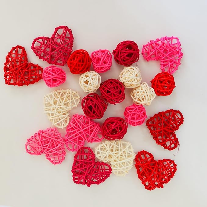 40Pcs Natural Rattan Hanging Ornaments Valentine Heart Round Wicker Balls for Valentine's Day, Christmas Wedding Baby Shower DIY Craft Vase Fillers for Home Party Decor