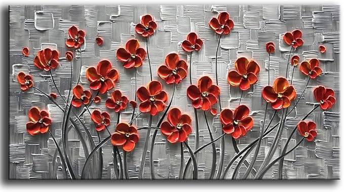 YaSheng Art - Hand painted 3D Oil Paintings On Canvas Red Flowers Paintings Modern Home Decor Abstract Artwork Canvas Wall Art Paintings,Stretched and Framed Ready to Hang 24x48inch