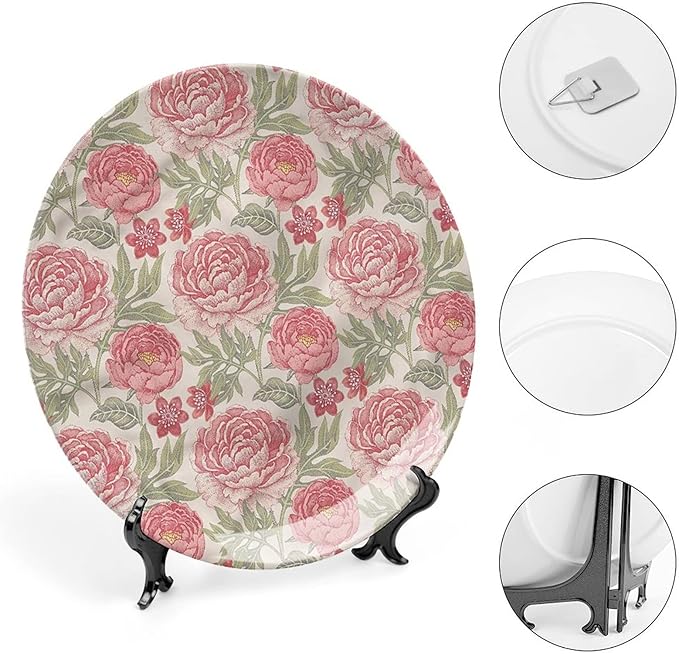 10 Inch Decorative Plate, Victorian Ceramic Plate, Romantic Peonies Botany Print Ornament Display Plate for Dining Table Setting, Wedding Reception Decorations, Christmas Tablescape, Muticolor