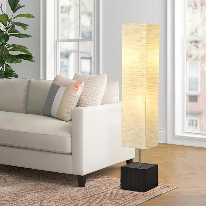 Modern Floor Lamp with Wooden Base, 58-inch Tall, White Shade, Foot Switch, 60W E26 Compatible