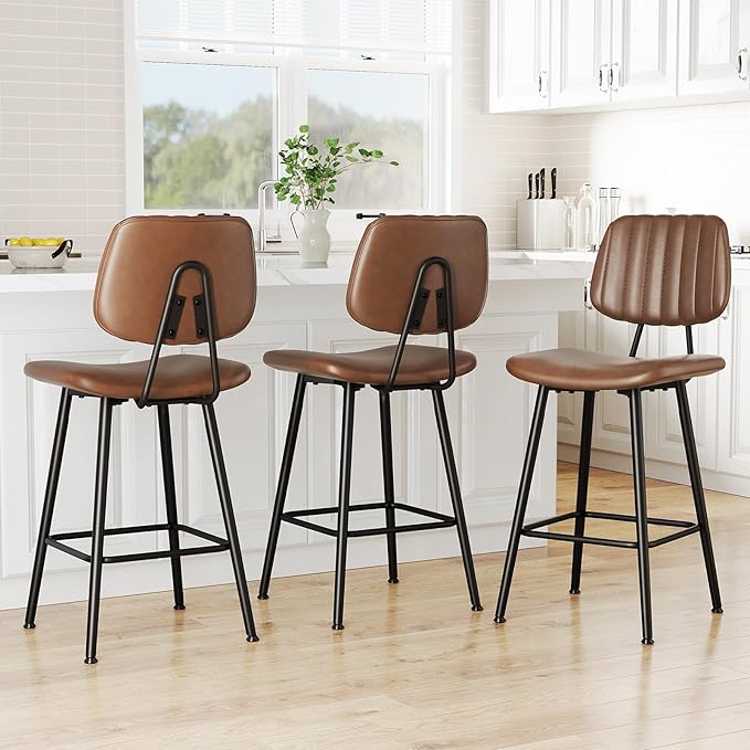 24-Inch Leather Bar Stools Set of 3, Counter Height Barstools with High Backrest，Bar Chairs for Kitchen Island with Heavy Duty Metal Legs, Dark Brown