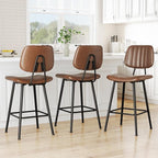 24-Inch Leather Bar Stools Set of 3, Counter Height Barstools with High Backrest，Bar Chairs for Kitchen Island with Heavy Duty Metal Legs, Dark Brown