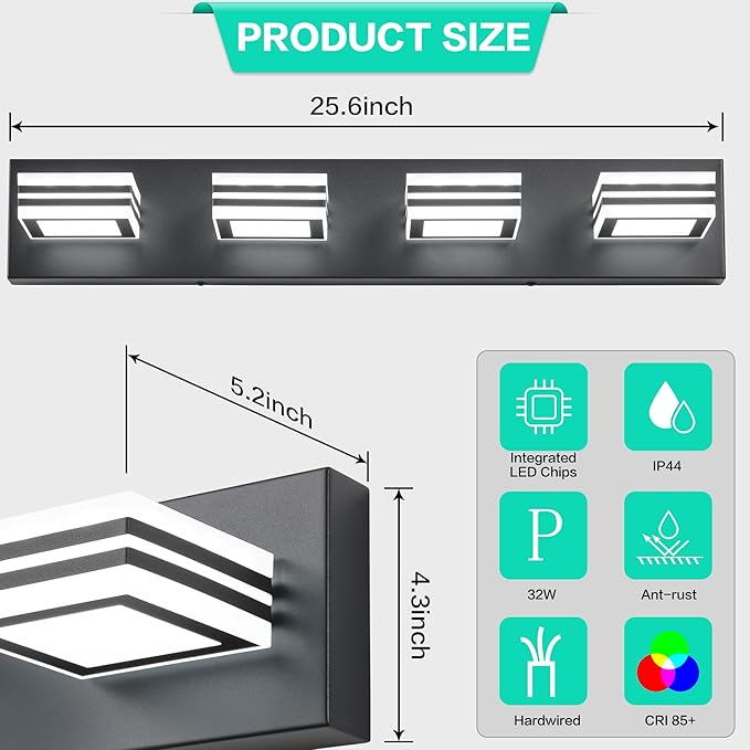 SOLFART Bathroom Vanity Light Over Mirror - 4 Light Led Vanity Light Fixture 26inch Matt Black Lights for Bath