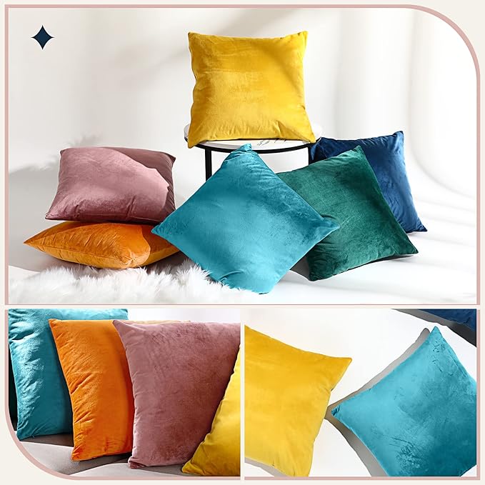 Pack of 6 Decorative Velvet Throw Pillow Covers Solid Square Soft Pillowcase Set Cushion Cases for Sofa Couch Bed Car Christmas Fall Home Decor 18 x 18 inch(Mixed Color)