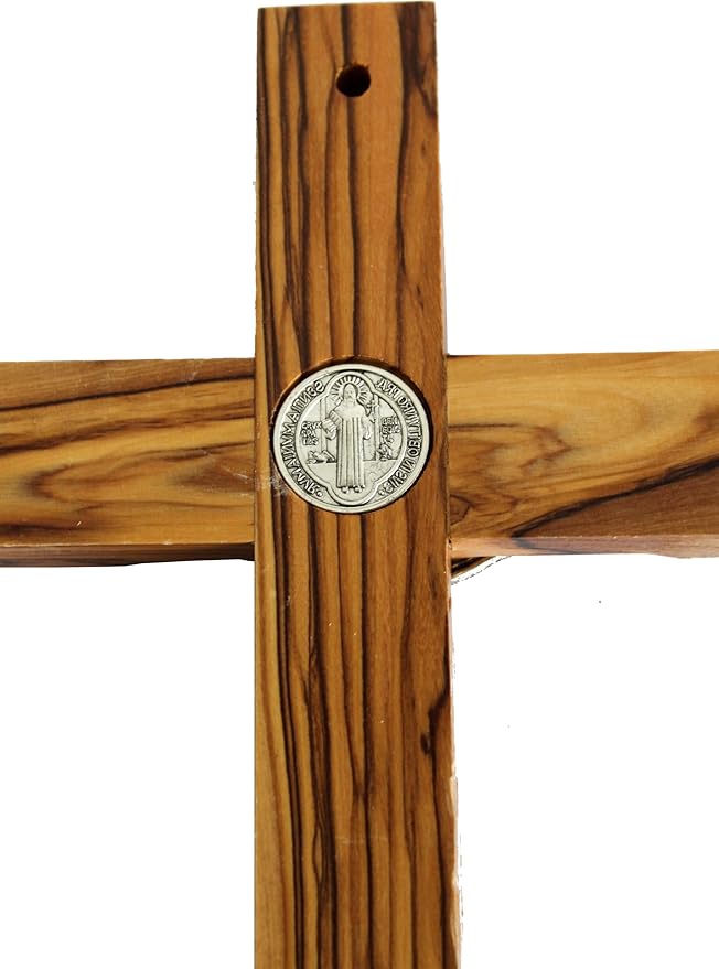 Holy Land Market Saint Benedict Wall Crucifix - Handmade Olive Wood & Metal Corpus, 10 Inch Religious Decor