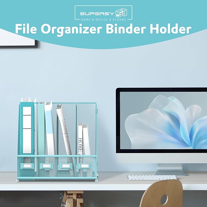 SUPEASY Magazine File Holder Desk Organizer, Metal Binder Holder with 4 Vertical Compartments for Office Home School, Blue