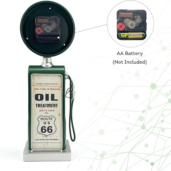 Lily's Home Old Fashioned Route 66 Gas Pump Mantle Clock, Silent-Non-Ticking with Quartz Movement, Makes an Ideal Gift for Antique Sign Collectors, Green (13 1/2" x 4 3/4")