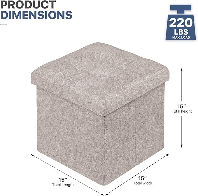 MoNiBloom 15 Inches Storage Ottoman Cube, Folding Square Foot Rest Stool, Small Ottoman Footrest with Storage for Living Room, Bedroom, Entryway, Sandy Beige