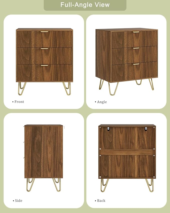 Fluted 3 Drawer Dresser for Bedroom, Modern Storage Bedroom Dresser Chest Cabinet Organizer with Anti-Tip Hardware for Living Room, Dressing Room, Kids Room, Office (Walnut)