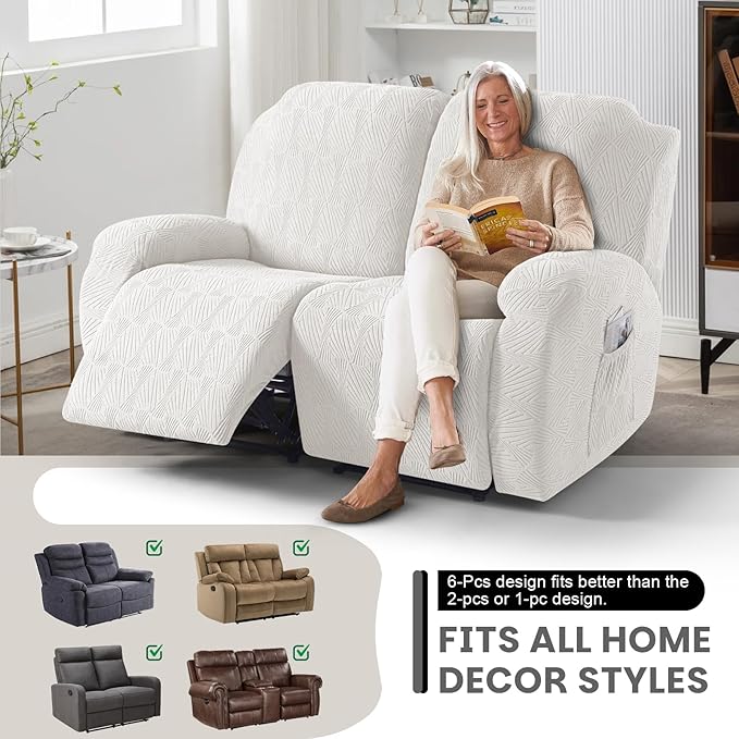 VANSOFY Recliner Loveseat Cover, 6-Pieces Stretch Dual Recliner Sofa Cover Soft Jacquard Reclining Couch Slipcover Furniture Protector with Elastic Bottom for Kid, Pets(2 Seat,Porcelain White)