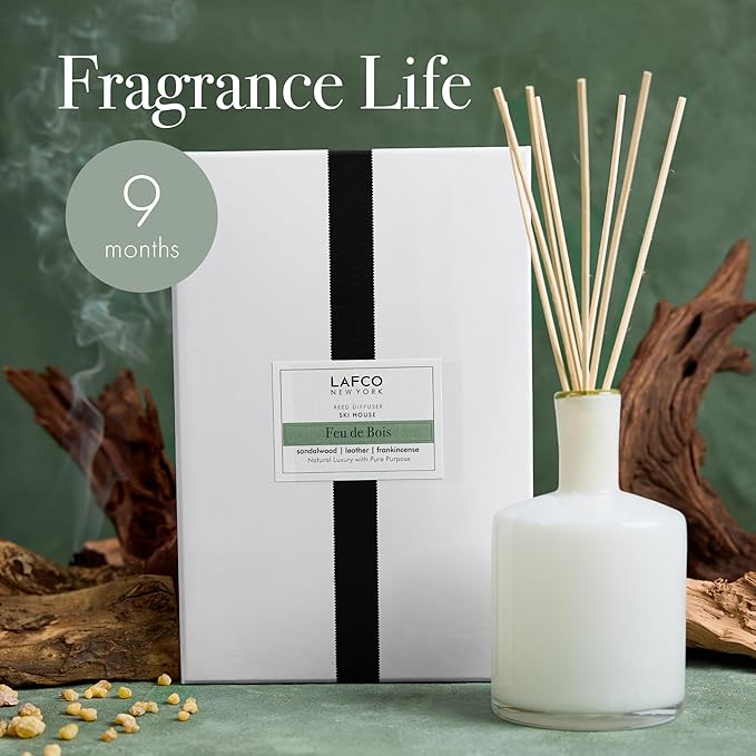 LAFCO New York Signature Reed Diffuser, Feu de Bois - 15 oz - Up to 9 Months Fragrance Life - Reusable, Hand Blown Glass Vessel - Natural Wood Reeds - Made in The USA
