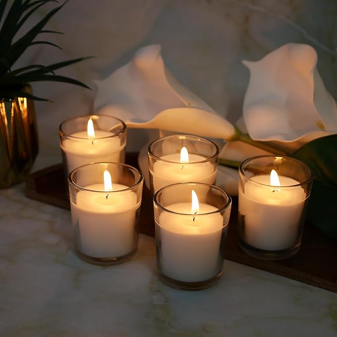 Welburn Veda&Co™ Glass Votive Candles - Pack of 25, Upto 15 Hours Burn Time, 100% Fully Refined Paraffin Wax, Smokeless, Unscented, Dripless, Ideal for Spa Weddings Birthdays, Parties, Centerpieces