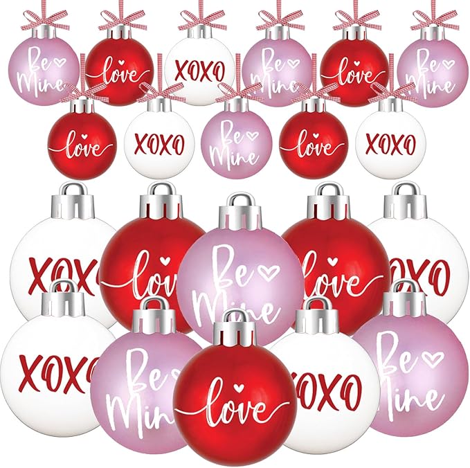 Valentines Tree Decorations, 12 Pcs Valentine Ornaments for Tree, Valentine's Day Hanging Ornament for Christmas Tree, Red Pink White Plastic Ball Ornaments