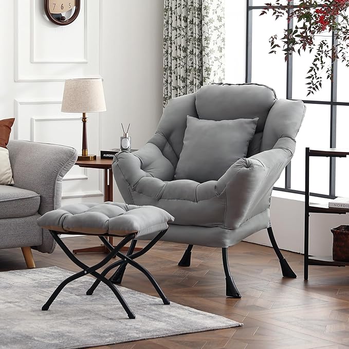 Lazy Chair with Ottoman, Large Lounge Accent Chair with Ottoman and a Throw Pillow, Light Gray Reading Chair for Living Room Bedroom Dorm Room Office Apartment Relaxing Use