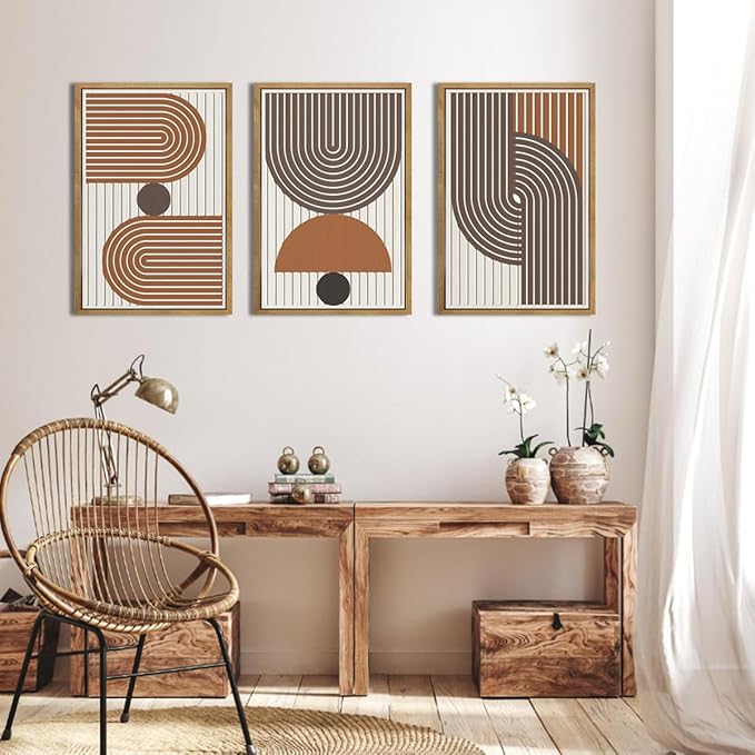 DRACIT Mid Century Boho Modern Wall Art Set Abstract Geometric Wooden Wall Decor Minimalist Line Neutral Artwork Mid Century Wood Art Decor for Living Room Bedroom Office-16x24Inch x3