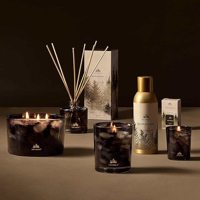 Thymes Noir Woods Scented Candles for Home Decor – Notes of Fresh Evergreen, Smoky Wood & Golden Amber – Luxury Home Fragrance Gifts for Women & Men – Burns Up to 40 Hrs (Boxed Votive Candle, 6.5 oz)
