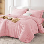 MUXHOMO 7 Pieces Full Comforter Set, Seersucker Bed in a Bag Full Size, All Season Luxury Bedding Set with Comforter, Flat Sheet, Fitted Sheet, Pillowcases & Shams, Pink