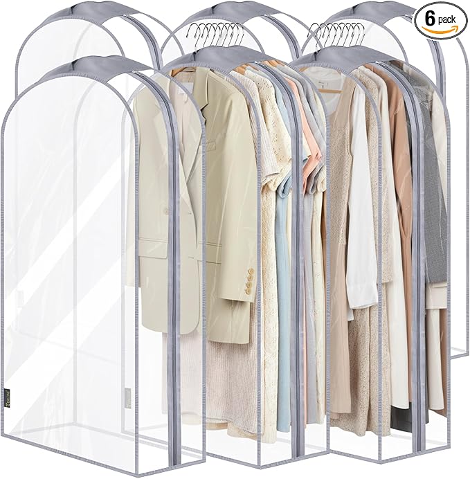 BALEINE 40'' Clear Garment Bags for Hanging Clothes, 10.5'' Wide PEVA Suit Bag for Closet Clothes Dresses Coat (Clear, 6PK)