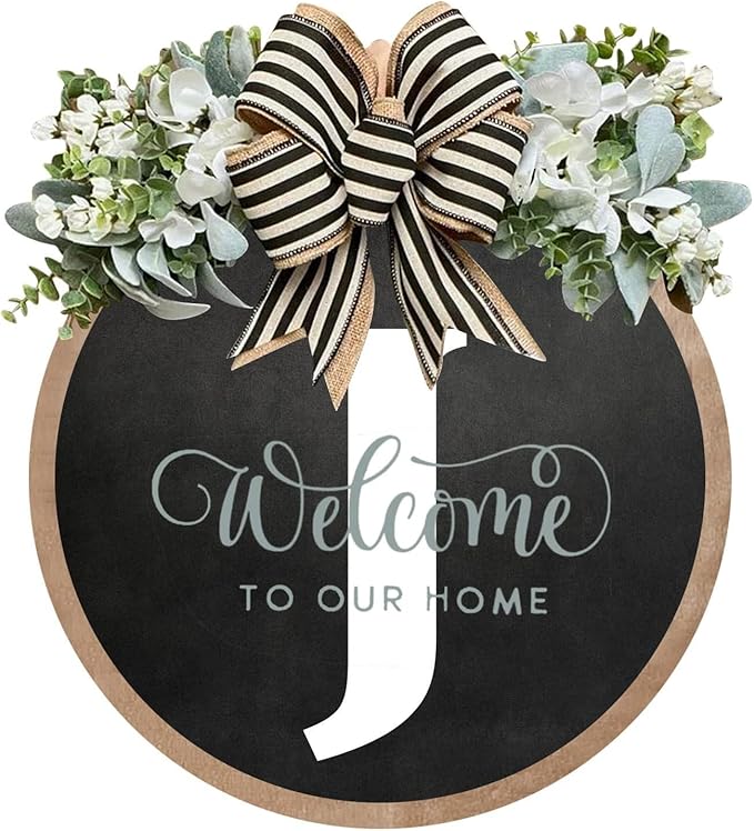 Circular Surname Front Door Welcome Sign - 26 Letter House Wreath, Front Porch Decorations, Year-Round Home Decor (J)